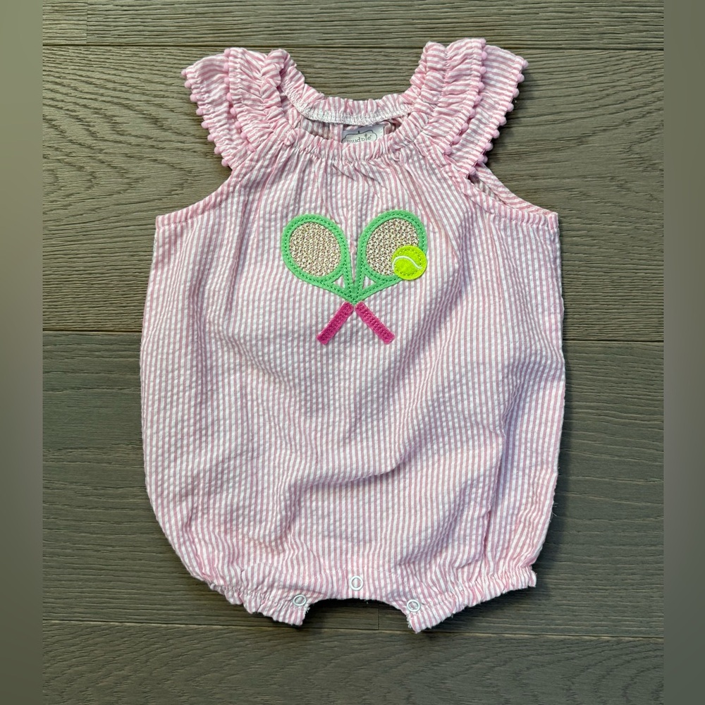 Mud Pie Pink Striped Baby Romper with Tennis Racket Design